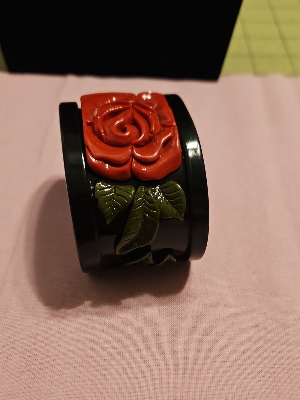 Vintage Carved Lucite Black Cuff Bracelet with Red Rose and Green Leaves
